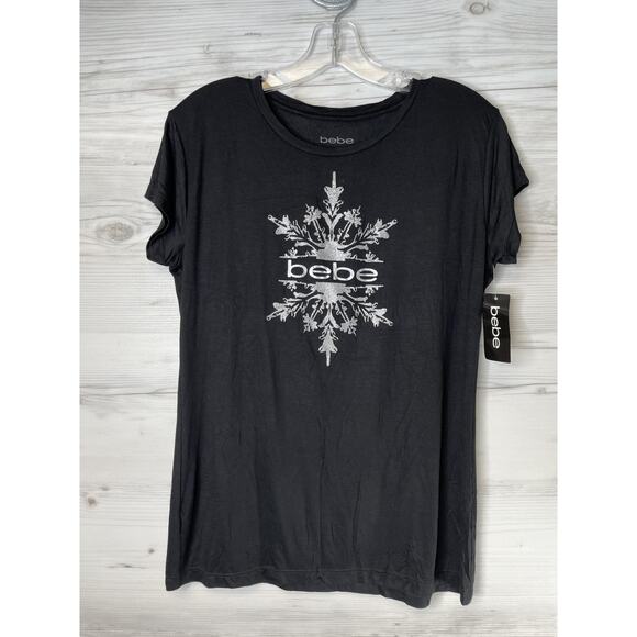 Bebe Shirt Womens XL Black Silver Snowflake Short Sleeve Tee NWT Holiday Glam - Picture 1 of 9